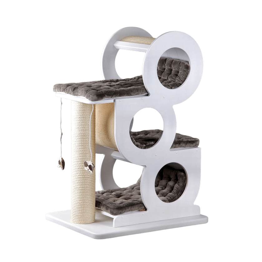 Cat tree EX 23B for kittens and medium cats. With scratching posts, hanging mouse toy, and tubes with fluffy bedding for the kittens to rest. 