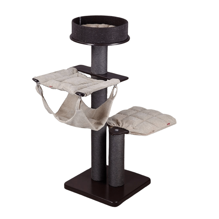 Exclusive Cat Tree 5 – Post Ø14cm Exclusive cat tree with upper rosette, lower shelf and double hammock on a wooden base. For all cats and kittens