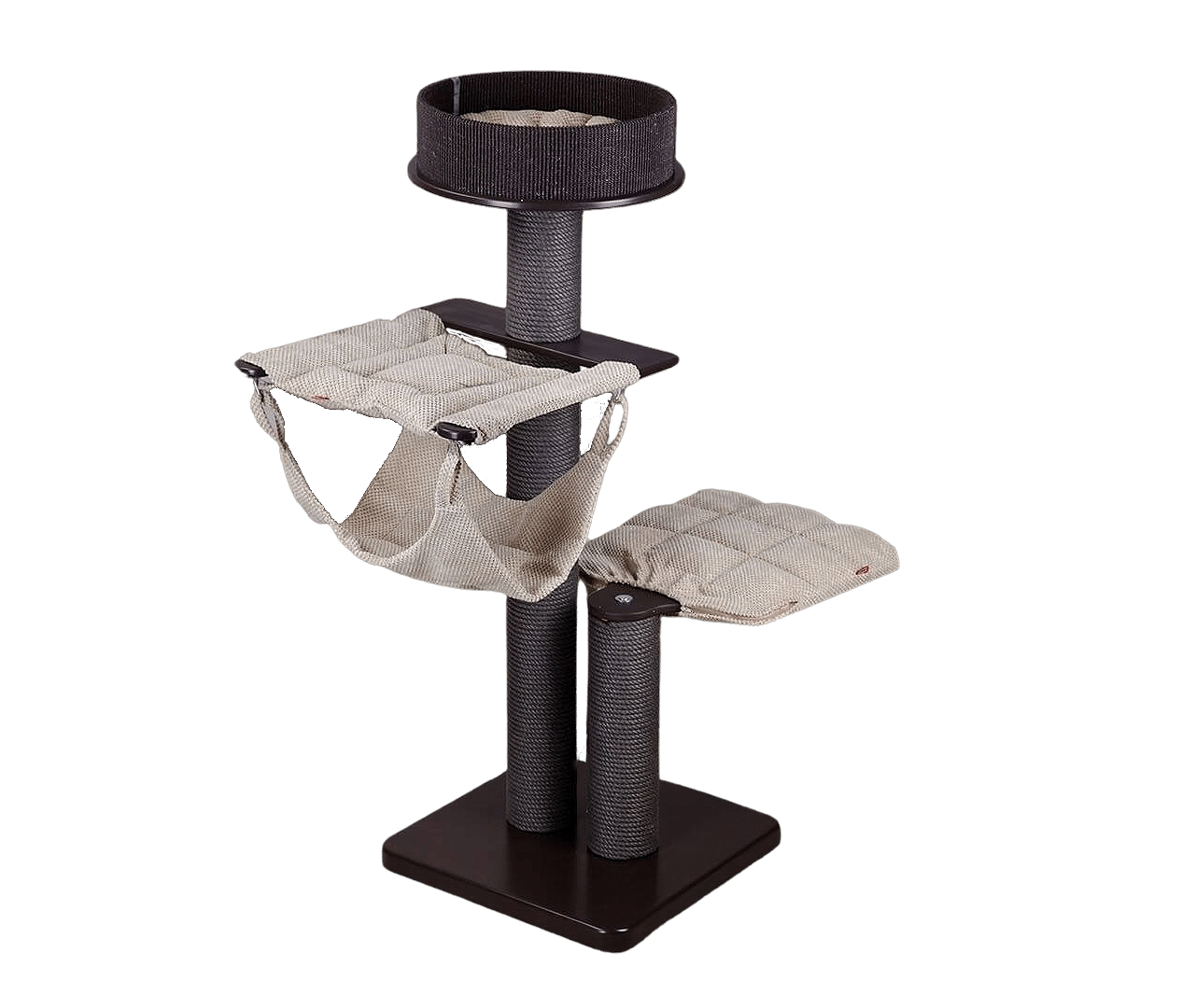 Exclusive Cat Tree 5 – Post Ø14cm Exclusive cat tree with upper rosette, lower shelf and double hammock on a wooden base. For all cats and kittens